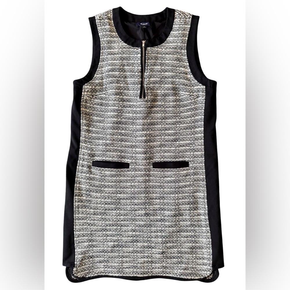 Madewell Women’s Sleeveless Tweed Textured Dress Black Cream Size 6 front zip